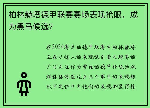 柏林赫塔德甲联赛赛场表现抢眼，成为黑马候选？